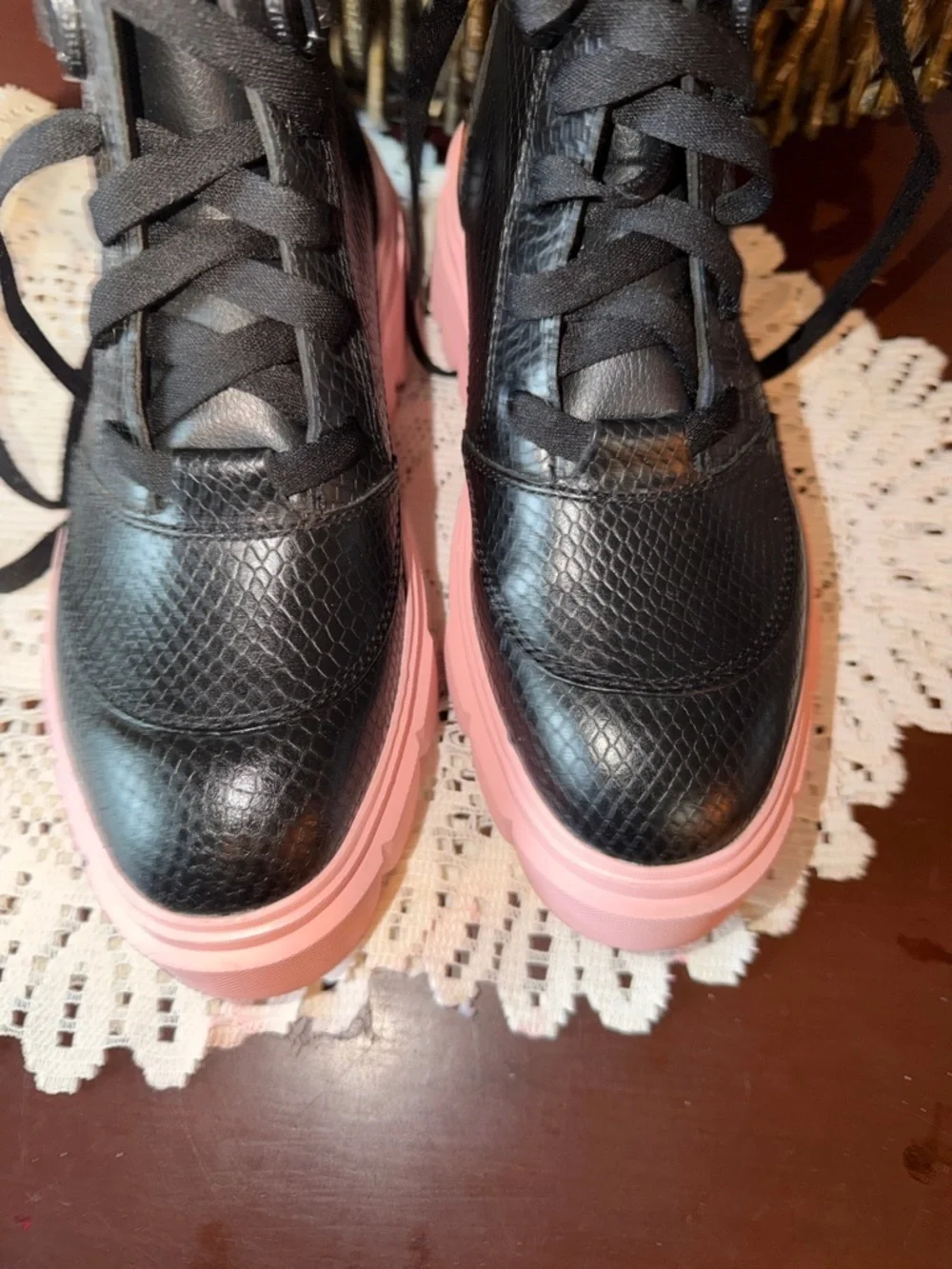 Sorel Black Faux-Snake Platform Sneakers with Pink Soles